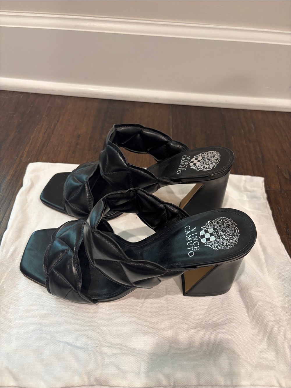 Vince Camuto Black Renneya  Leather Block Heel Slide Sandals 9.5
